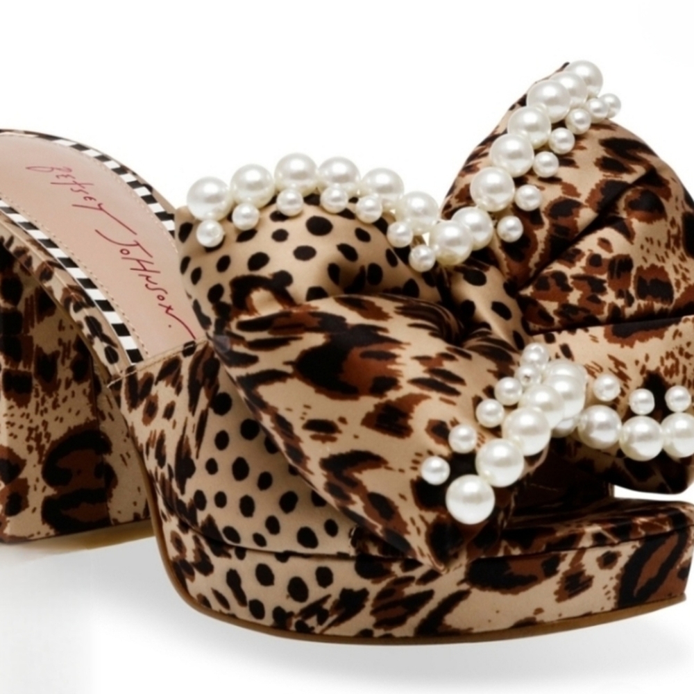 Betsey Johnson MACCIE Leopard and Pearl Embellished Block Platform Heels NEW 8
